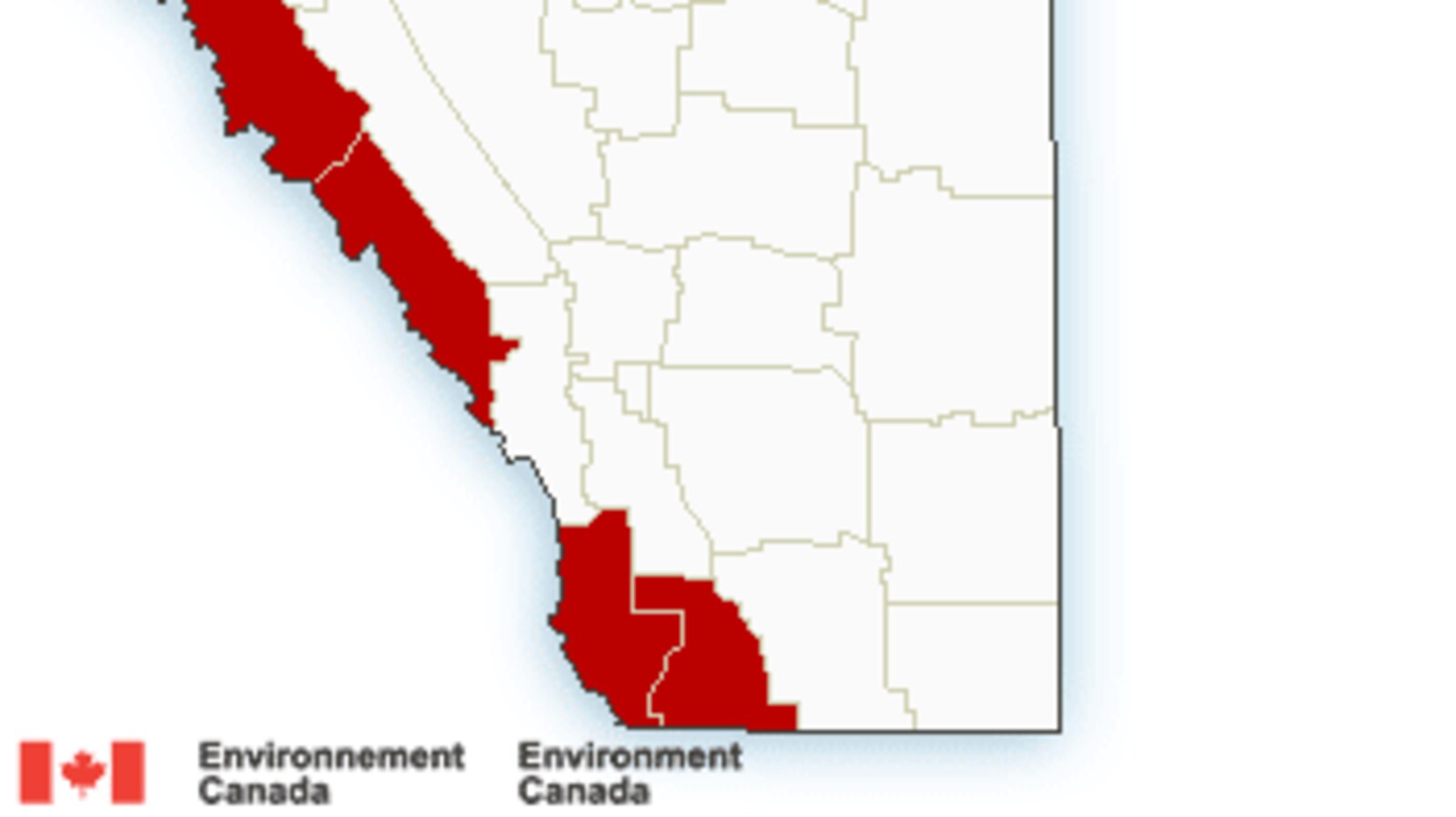Une carte d'Environnement Canada indiquant les régions près de Banff et Jasper en Alberta qui sont visées par un avertissement de neige.