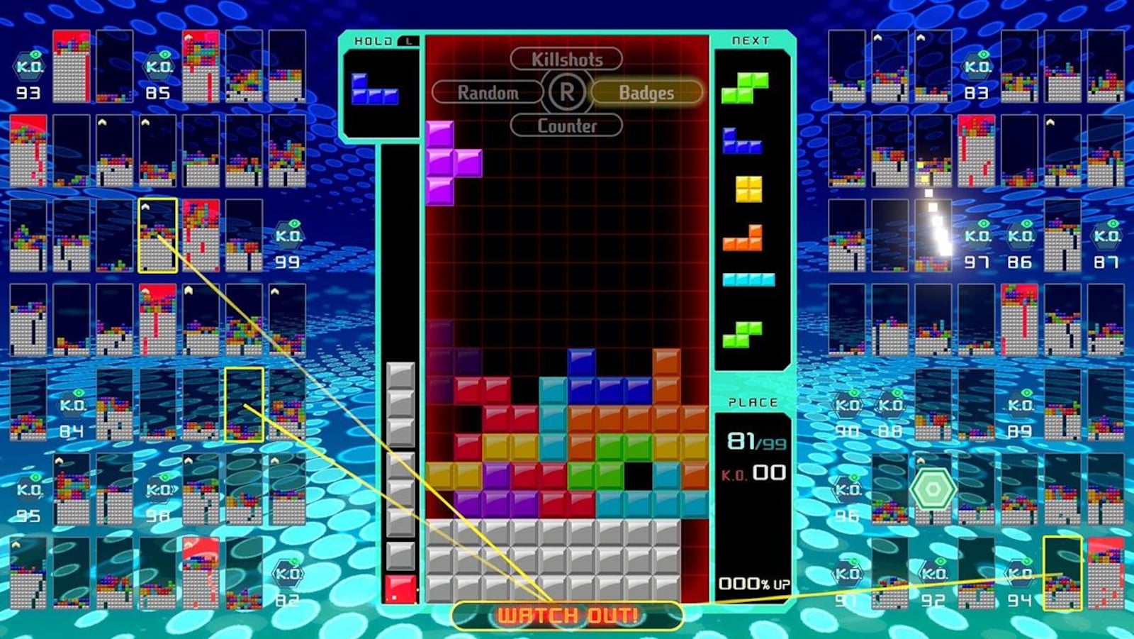 Tetris S Attaque A Fortnite Et Entre Dans L Arene Des Battle - une capture d ecran du jeu video tetris 99 montrant une pile de petits blocs