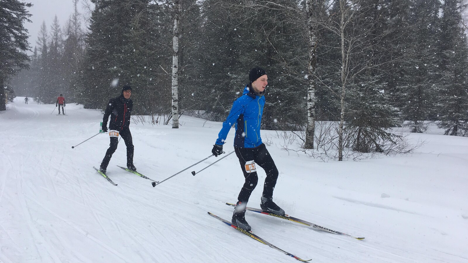 Deux hommes font du ski dans les bois.