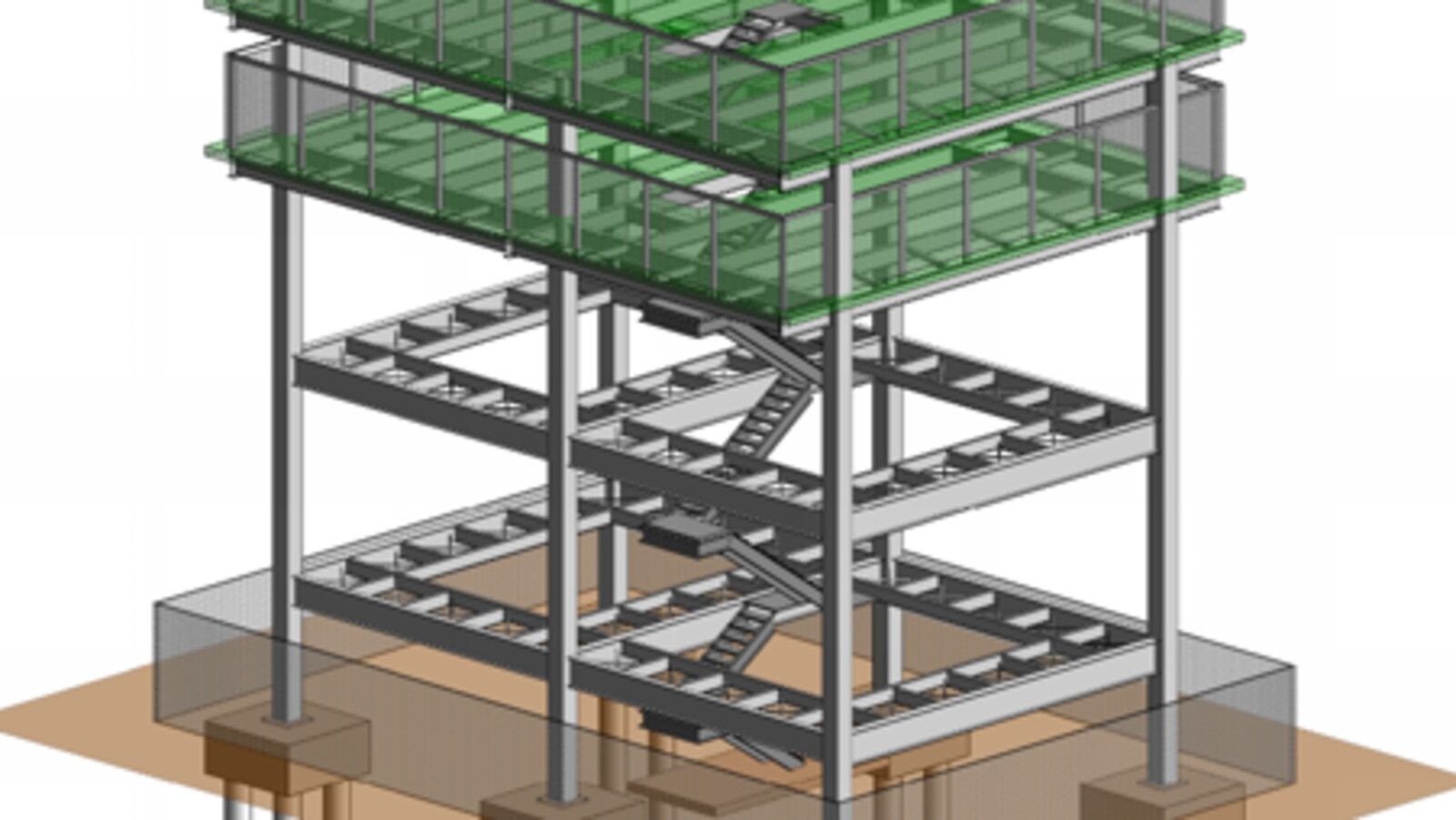 Plan d'une tour, soutenue par des poteaux cylindriques, avec des escaliers qui montent jusqu'à deux plateformes.