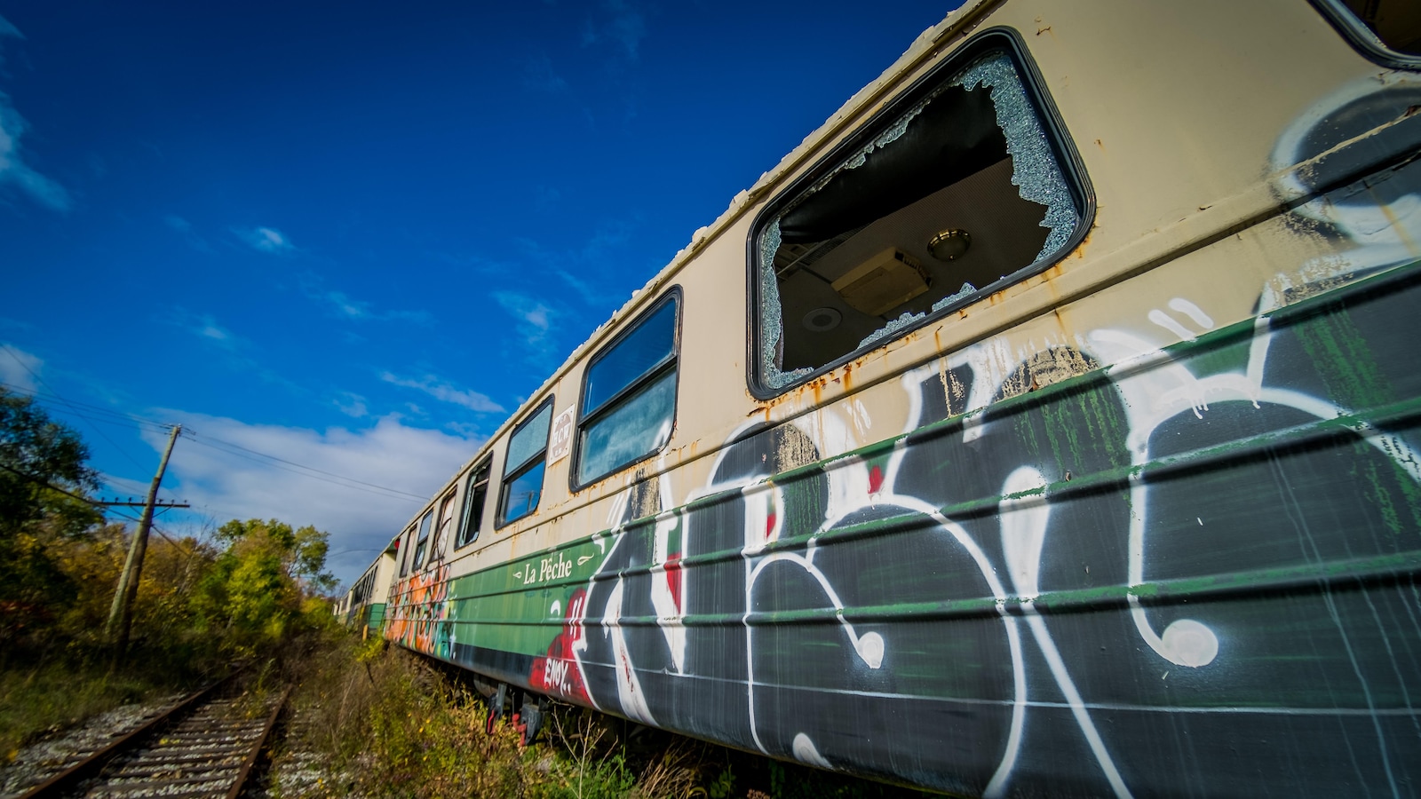 Un wagon sur lequel il y a des graffitis. Les vitres sont brisées.