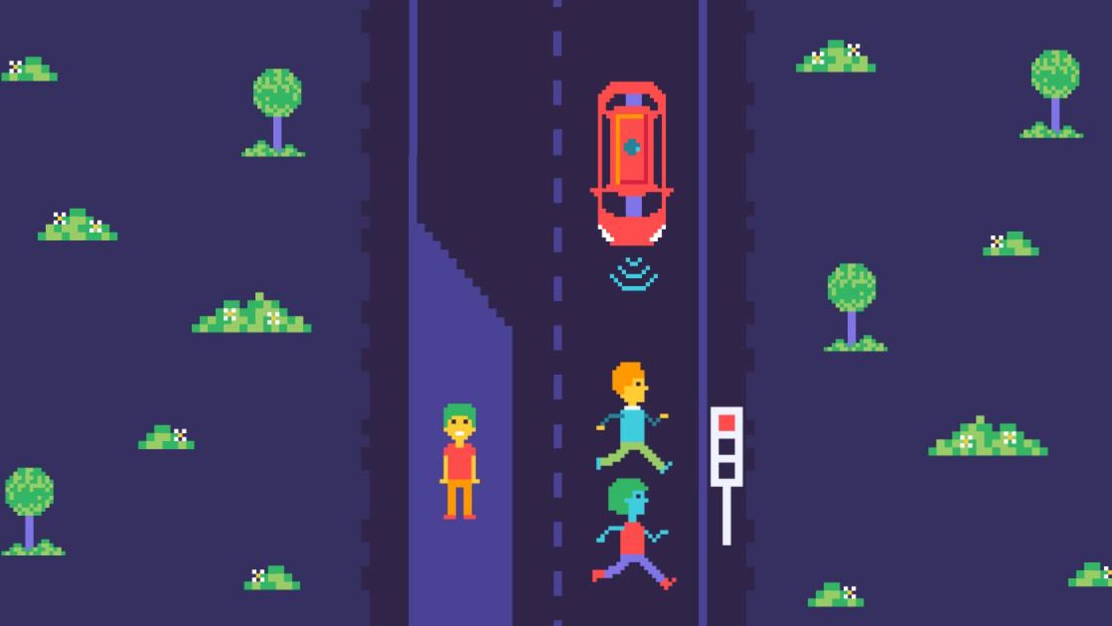 Illustration montrant trois piétons et une voiture autonome