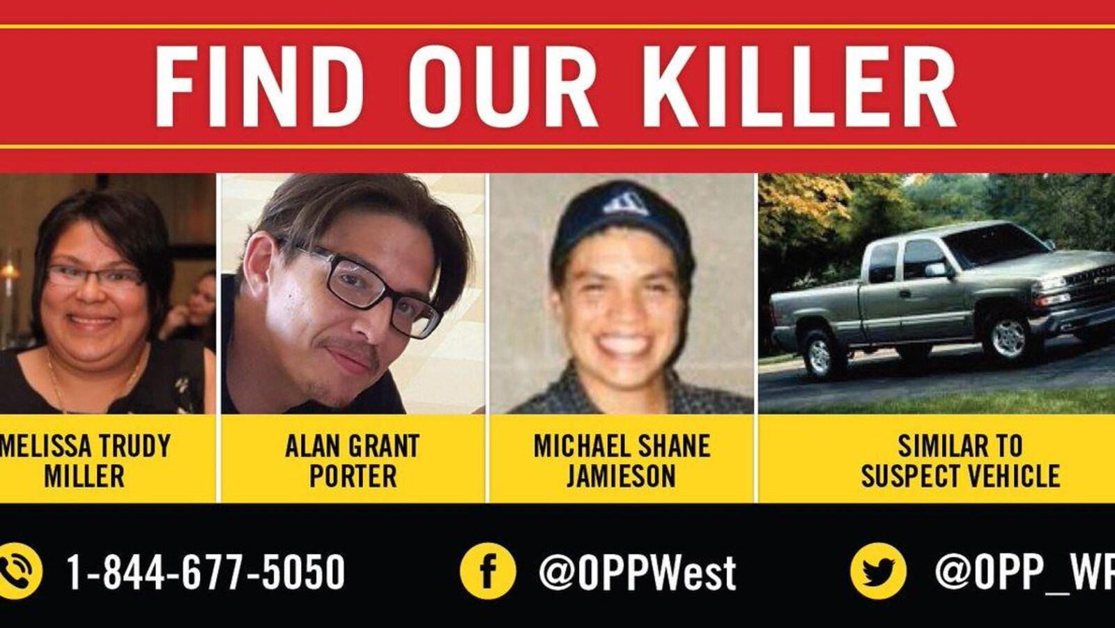 Une image montrant le visage de trois victimes d'un triple homicide.