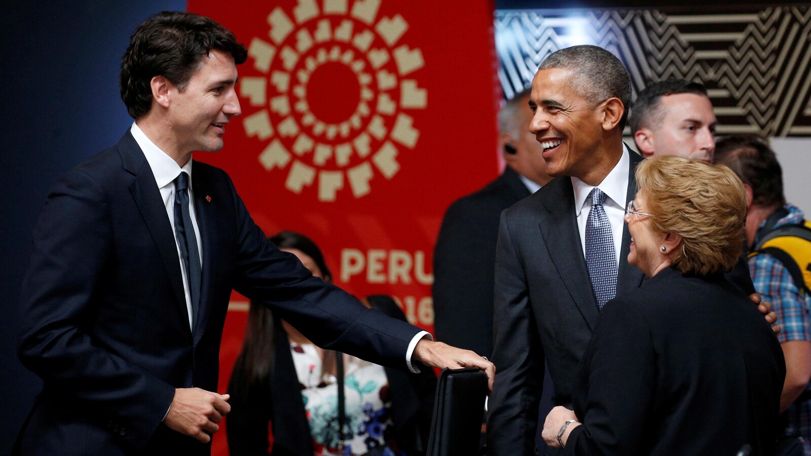 Le premier ministre canadien, Justin Trudeau, avec le président américain Barack Obama et la présidente chilienne, Michelle Bachelet.