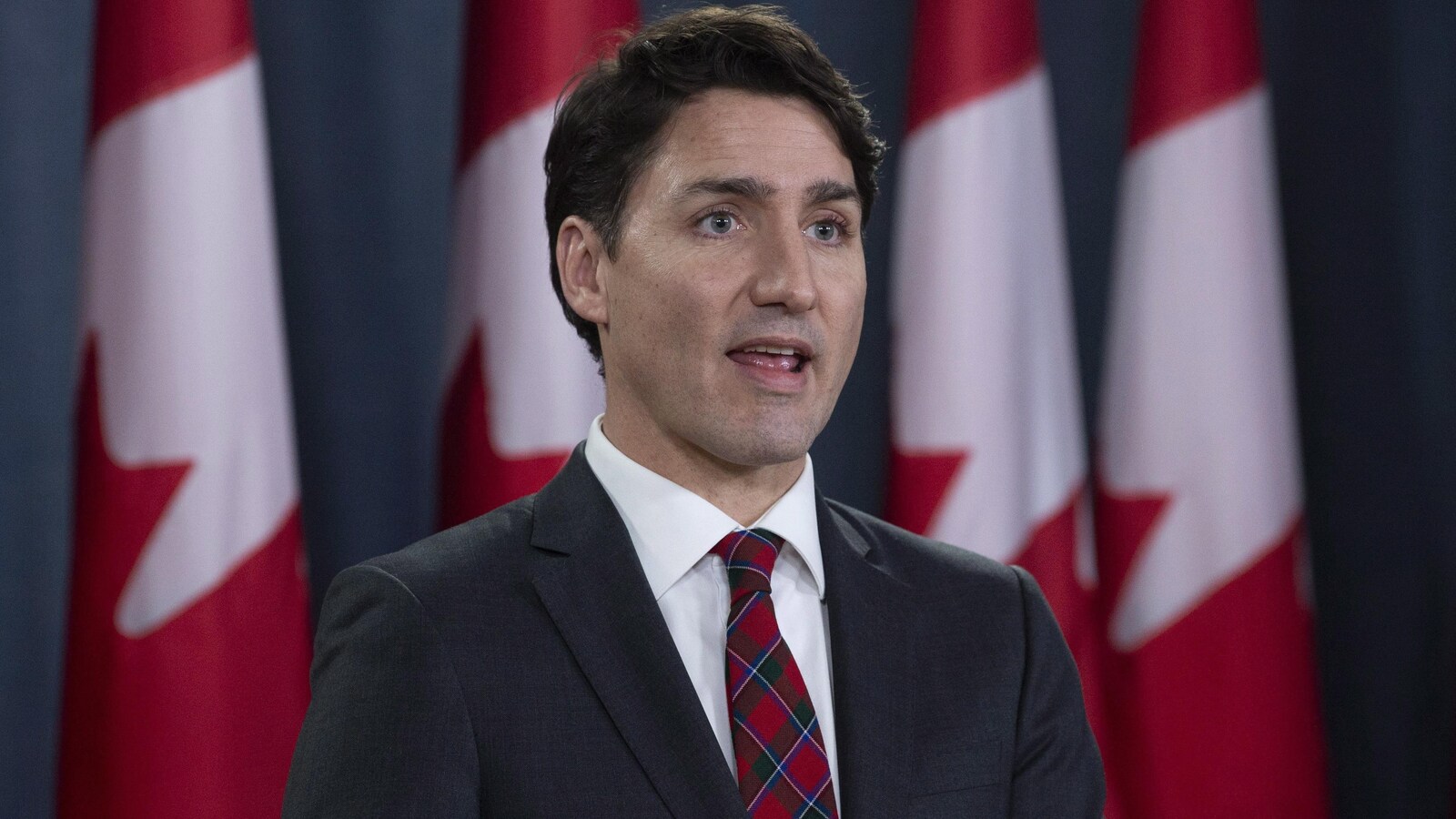 Justin Trudeau s'adresse aux journalistes, devant plusieurs drapeaux canadiens.