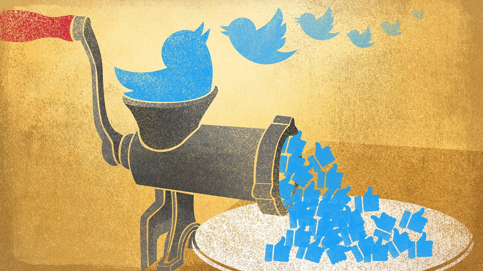 Un logo de Twitter tombe dans un hachoir à viande. Il devient des « j'aime » sur Facebook.