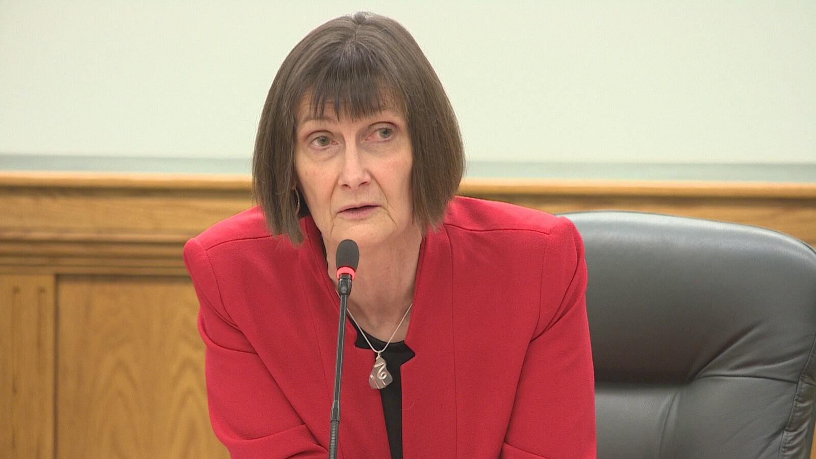 La vérificatrice provinciale Judy Ferguson, vêtue d'une veste rouge, assise, parle devant un micro.