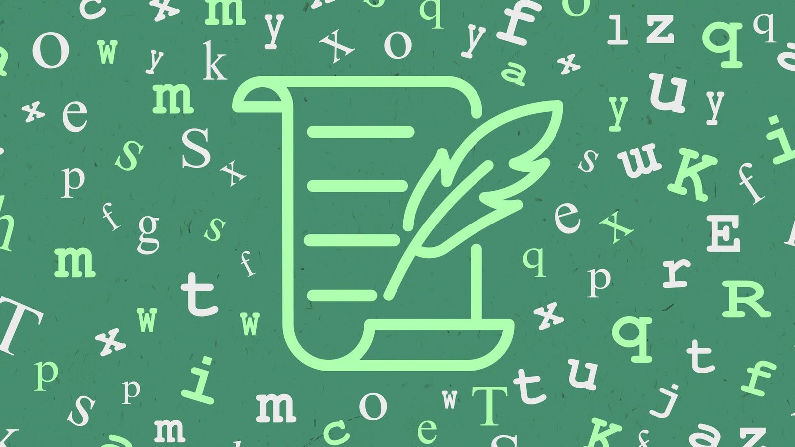 Des lettres blanches et vert pâle sont disposées sur un fond vert plus foncé et au centre, une feuille de papier avec une plume.