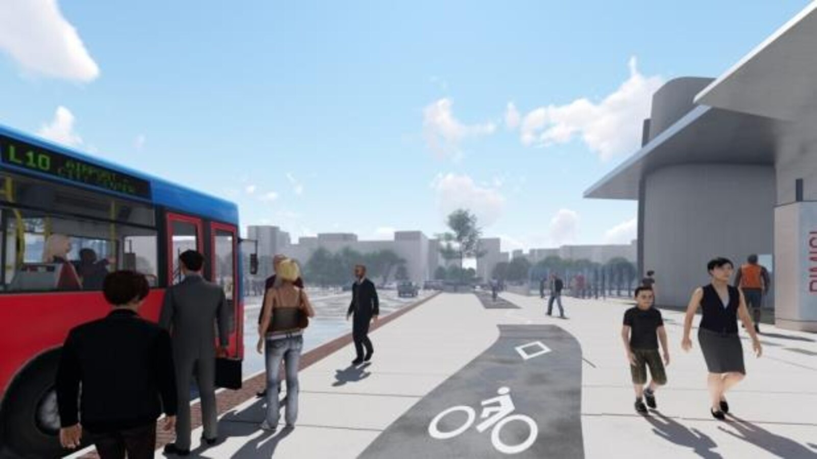 Une représentation de la voie cyclable sur la rue Booth à Ottawa, avec à gauche un bus d'OC Transpo et des piétons.