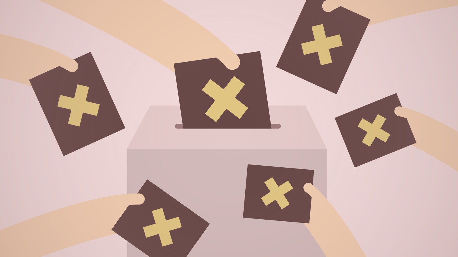 Plusieurs bulletins de vote marqués d'un X autour d'une urne
