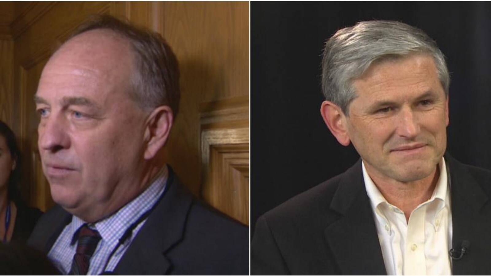 Deux photos mises côte à côte, à gauche, Andrew Weaver, à droite, Andrew Wilkinson.