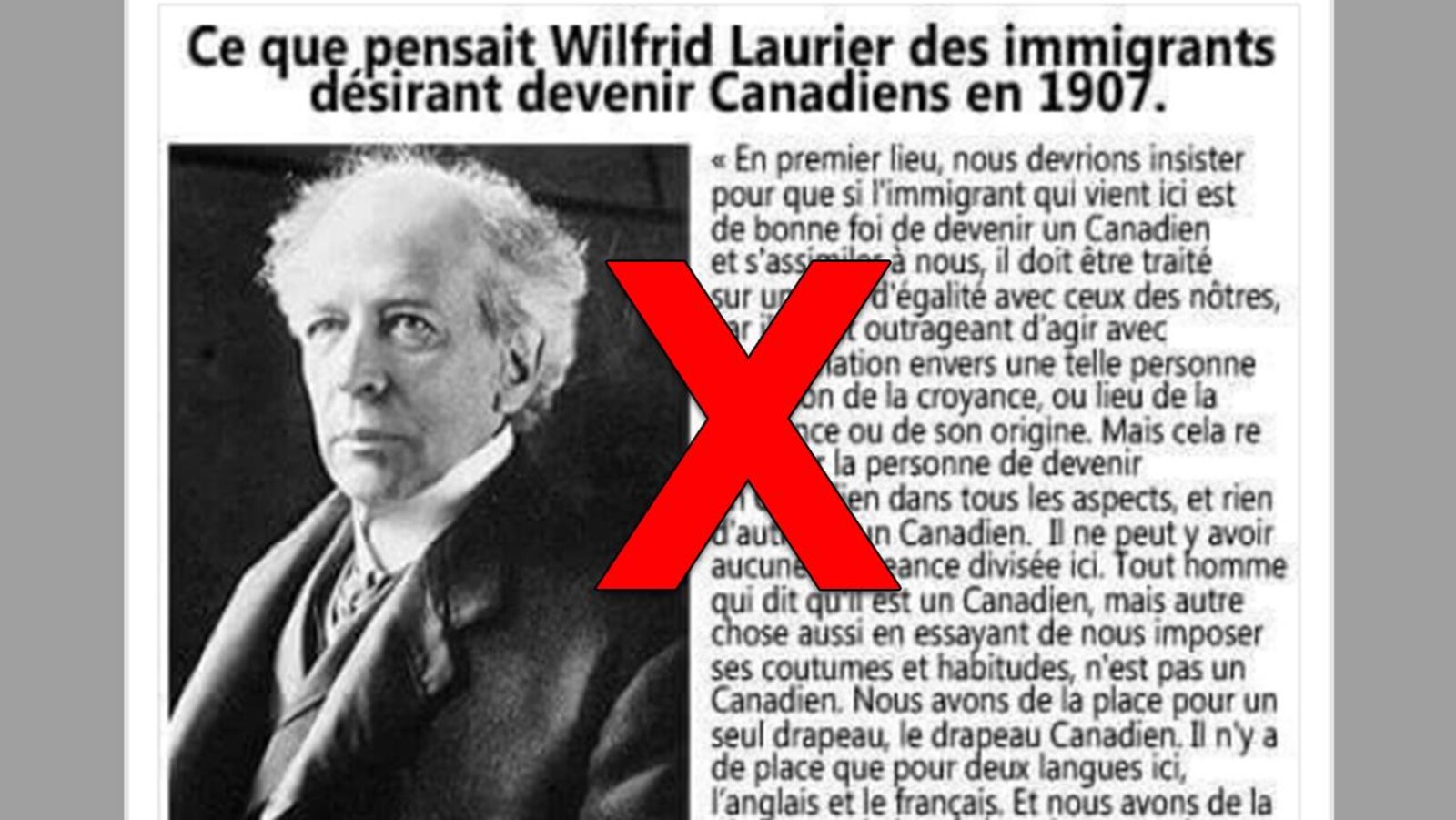 On voit une photo de Wilfrid Laurier, accompagnée d'une longue citation. Vous pouvez retrouver cette citation dans l'article.