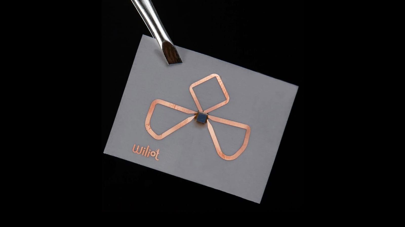 Une photo montrant une puce Wiliot tenue par une pince à sourcils. La puce est un minuscule carré collé à un bout de papier gris et entouré de trois antennes en cuivre en forme de pétales de fleur.