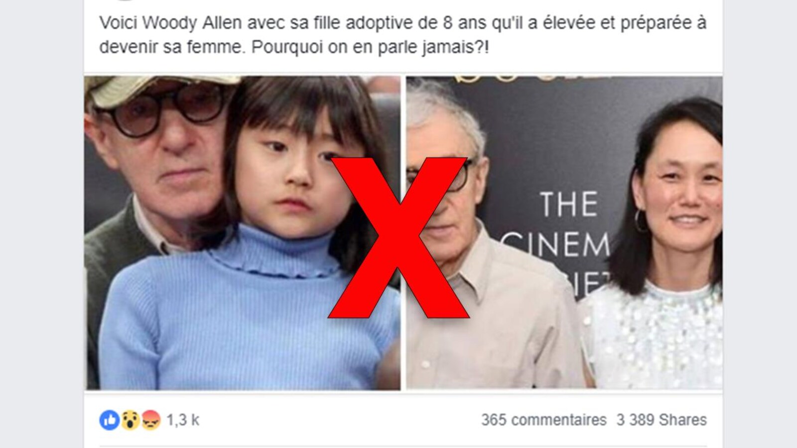 Une publication Facebook montre deux photos de Woody Allen, l'une avec sa fille et l'autre avec sa femme, en prétendant faussement qu’il aurait épousé sa fille.
