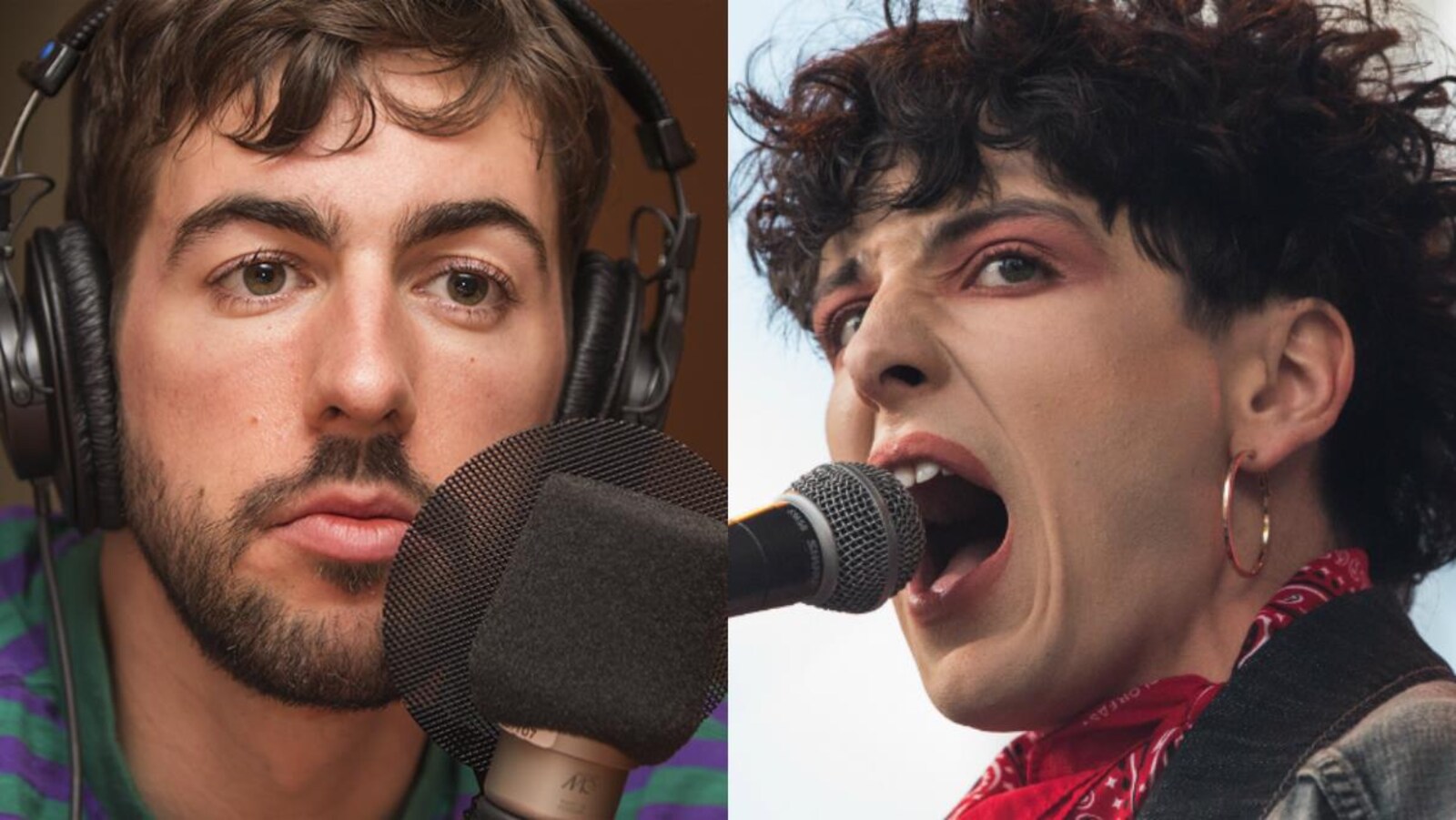 Photomontage du rappeur Yess Mccan dans les studios de Radio-Canada et d'Hubert Lenoir en concert à Québec.