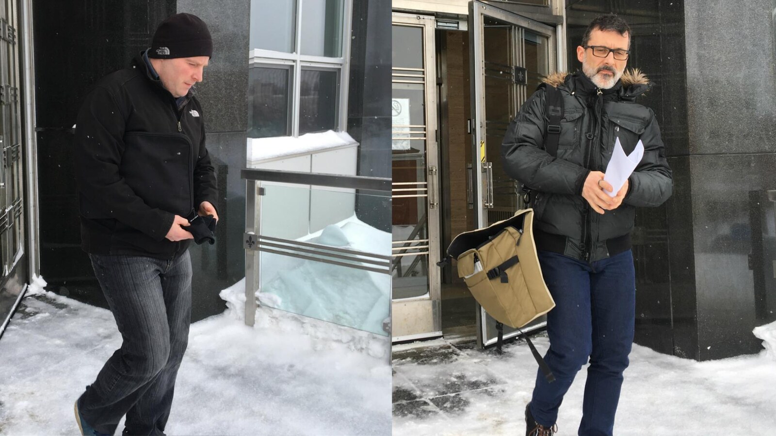 Deux accusés sortent du palais de justice de Rouyn-Noranda.
