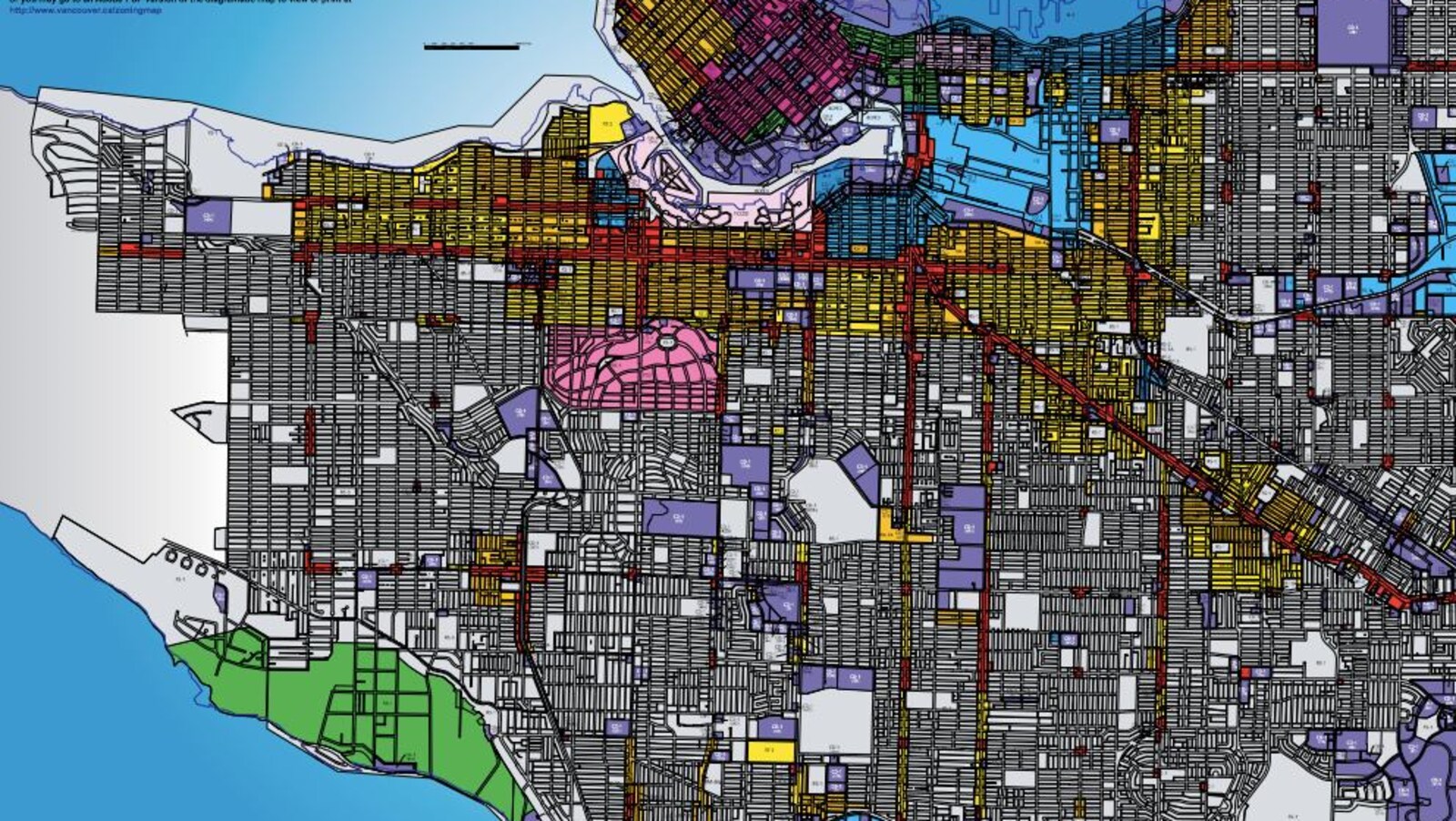 Graphique de la ville de Vancouver où les différents zonages sont identifiés par différentes couleurs.