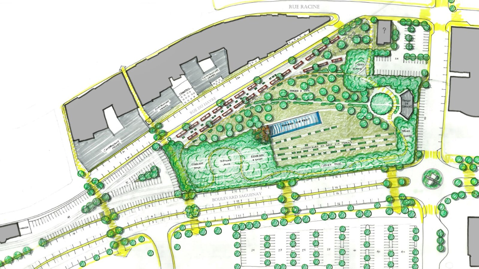 Les esquisses d'un parc avec des espaces de stationnement