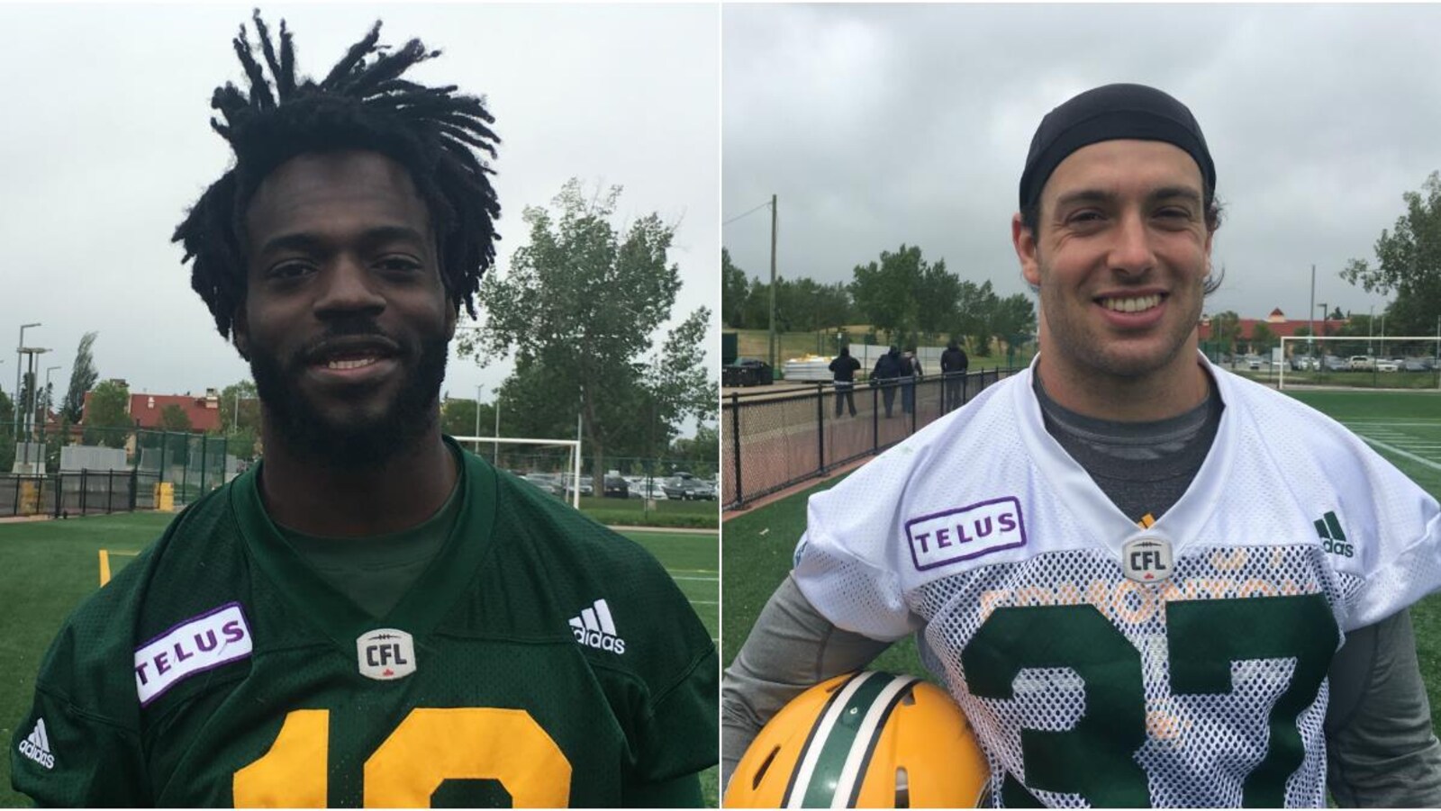 À gauce, Christophe Mulumba-Tshimanga et à droite Christophe Normand, après un entraînement des Eskimos.