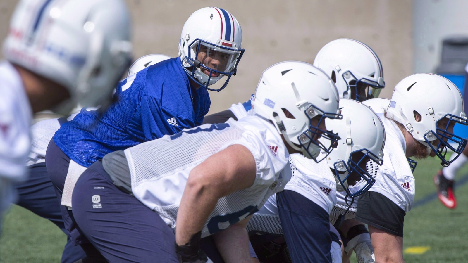 Le quart-arrière des Alouettes de Montréal Antonio Pipkin (au centre) prépare un jeu à l'entraînement.