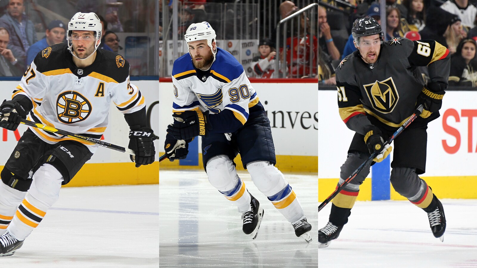Patrice Bergeron, des Bruins de Boston, Ryan O'Reilly, des Blues de St. Louis, et Mark Stone, des Golden Knights de Vegas