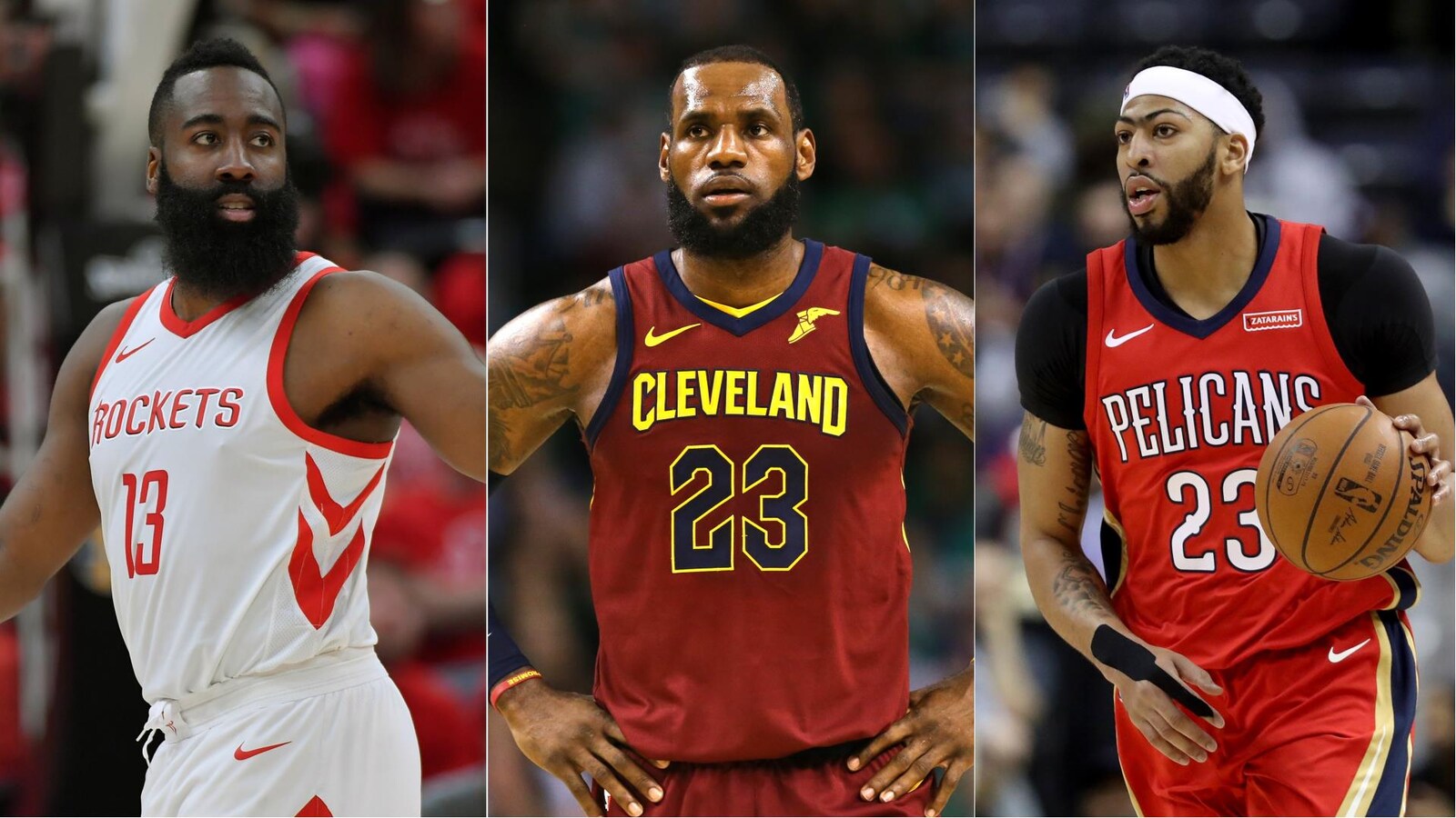 James Harden, des Rockets de Houston, LeBron James, des Cavaliers de Cleveland, et Anthony Davis, des Pelicans de La Nouvelle-Orléans