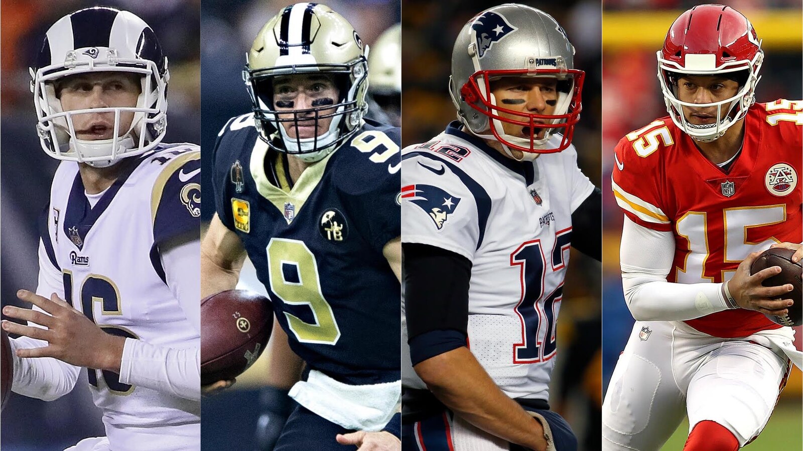 Jared Goff (no 16), Drew Brees (no 9), Tom Brady (no 12) et Patrick Mahomes (no 15)