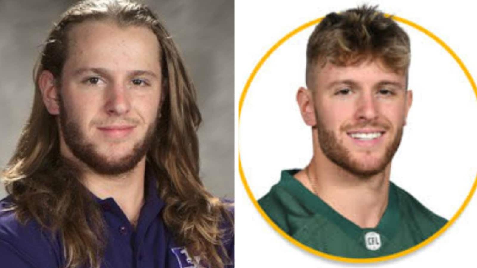 Photos officielles de Jordan Beaulieu avec les Mustangs de Western (à gauche) et avec les Eskimos (à droite).