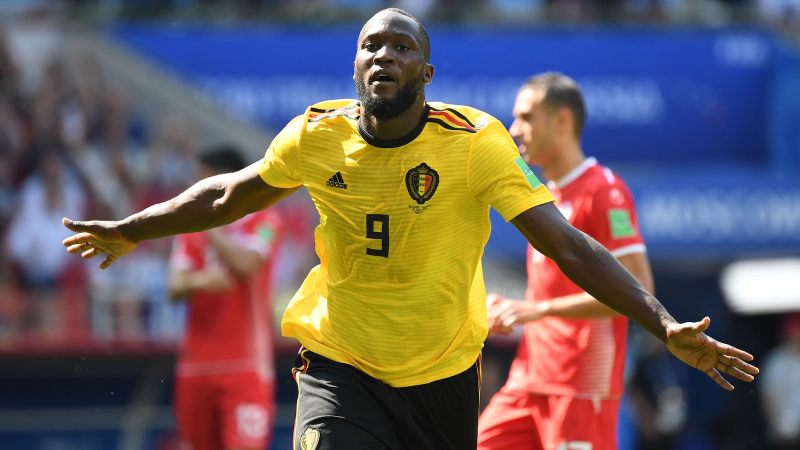 Romelu Lukaku célèbre son premier but du match contre la Tunisie.