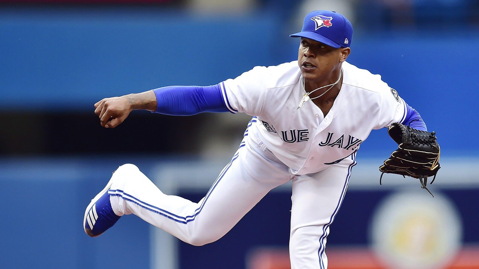 Le lanceur partant Marcus Stroman en action dans un match entre les Blue Jays et les Orioles de Baltimore à Toronto