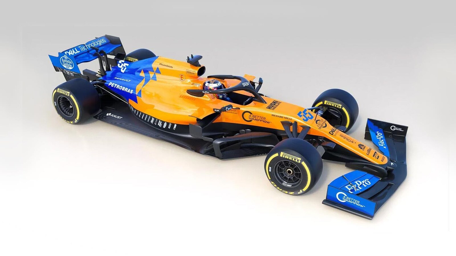 La voiture a des couleurs orange et bleu.