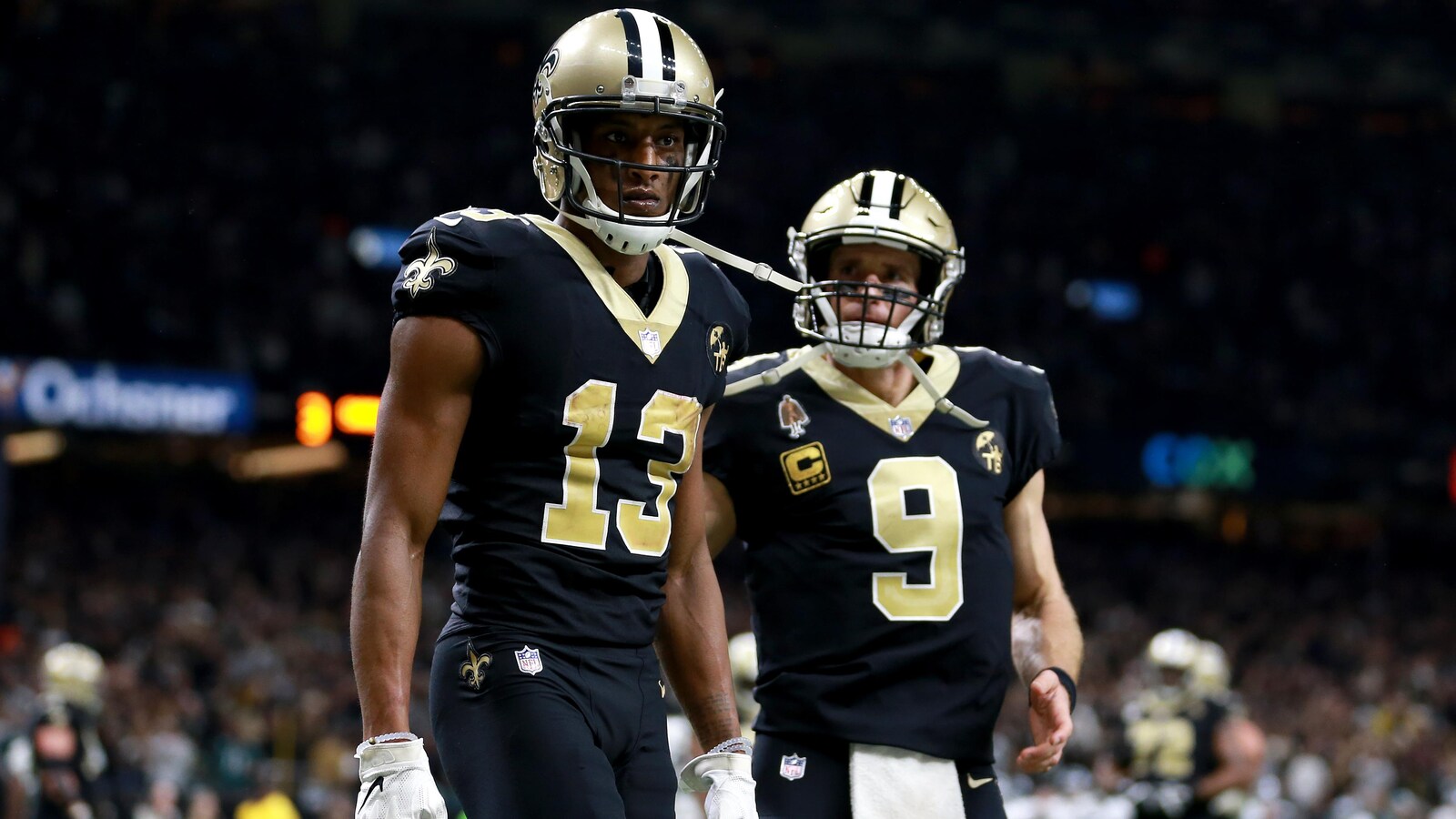 Michael Thomas (no 13) et Drew Brees (no 9)