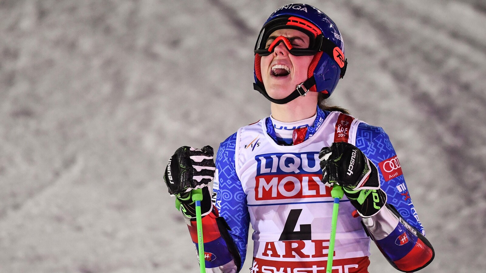 Petra Vlhova réagit à sa victoire dans le slalom géant des Championnats du monde de 2019 à Are en Suède.