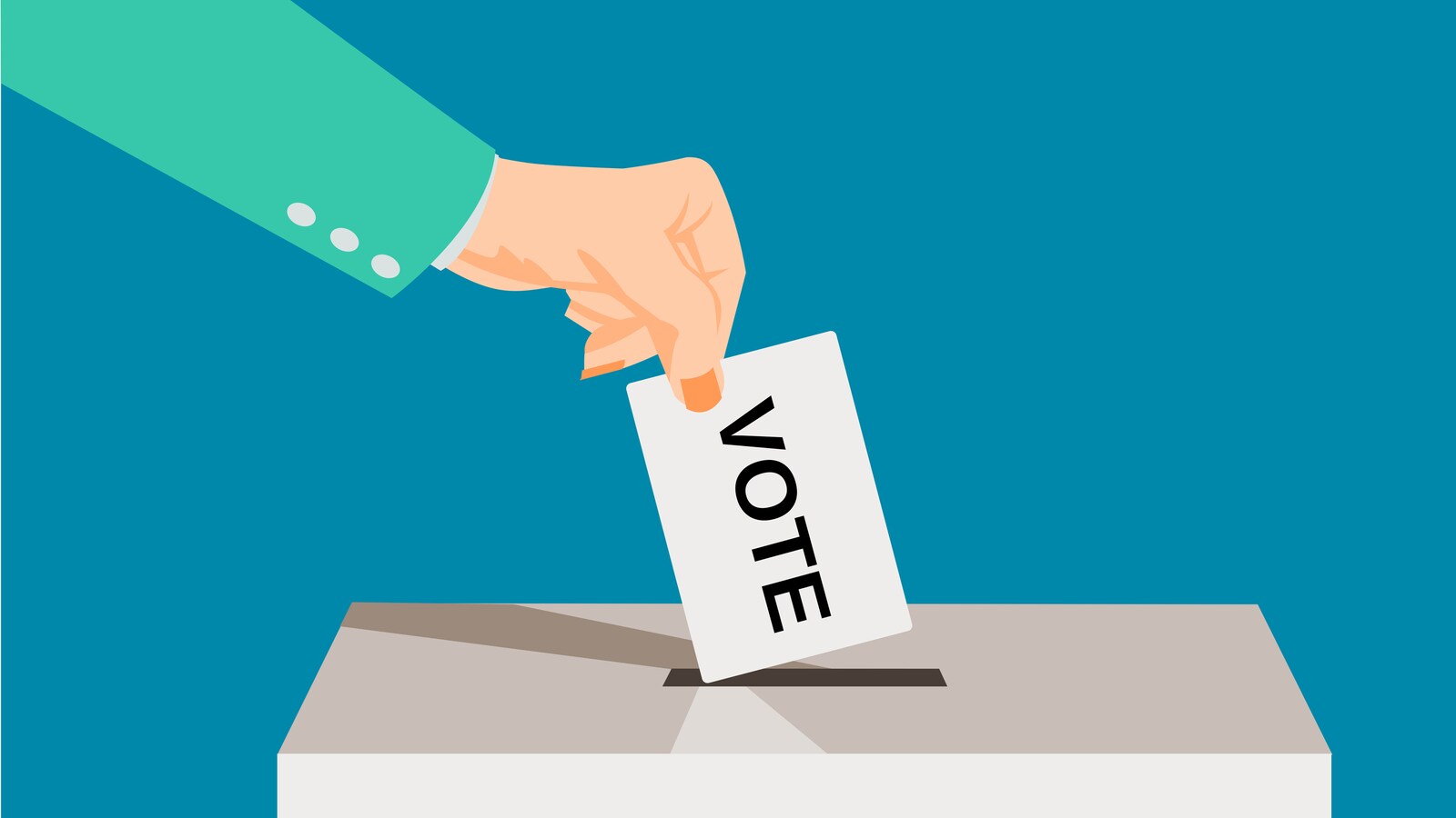 En dessin, une main dépose un bulletin de vote dans une boîte.