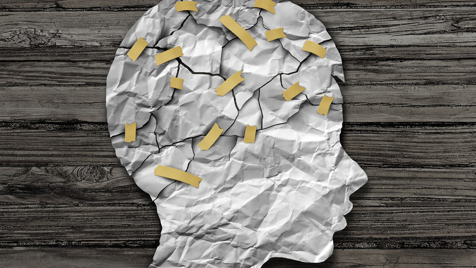Une feuille découpée en morceaux représentant une tête et un cerveau.