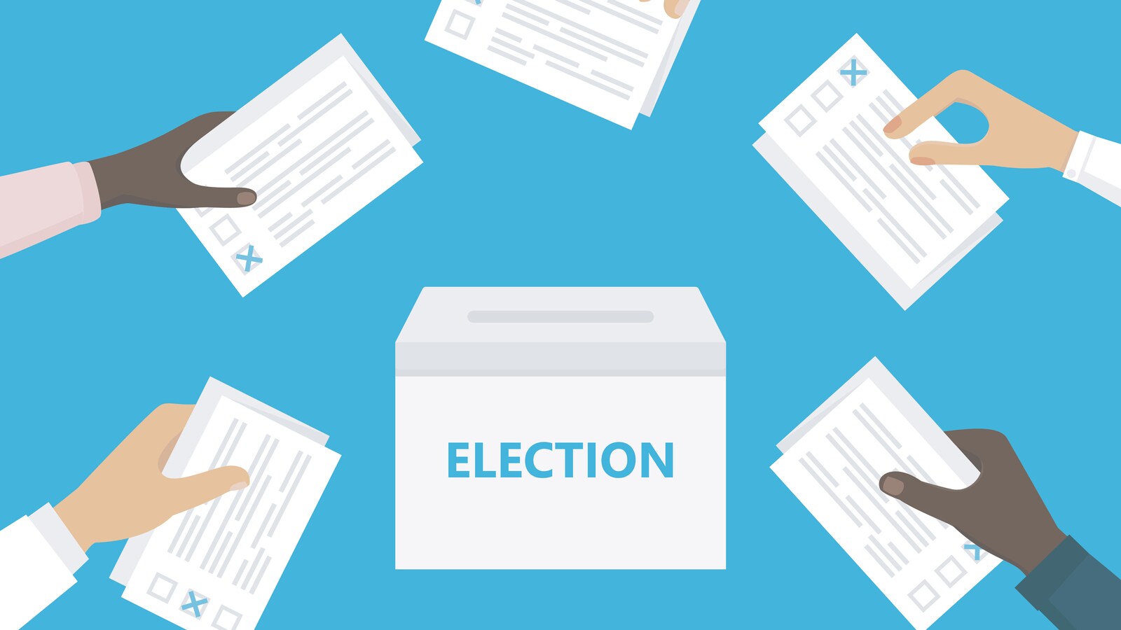 Personnes détenant des bulletins de vote dans leurs mains et leur mise en boîte.