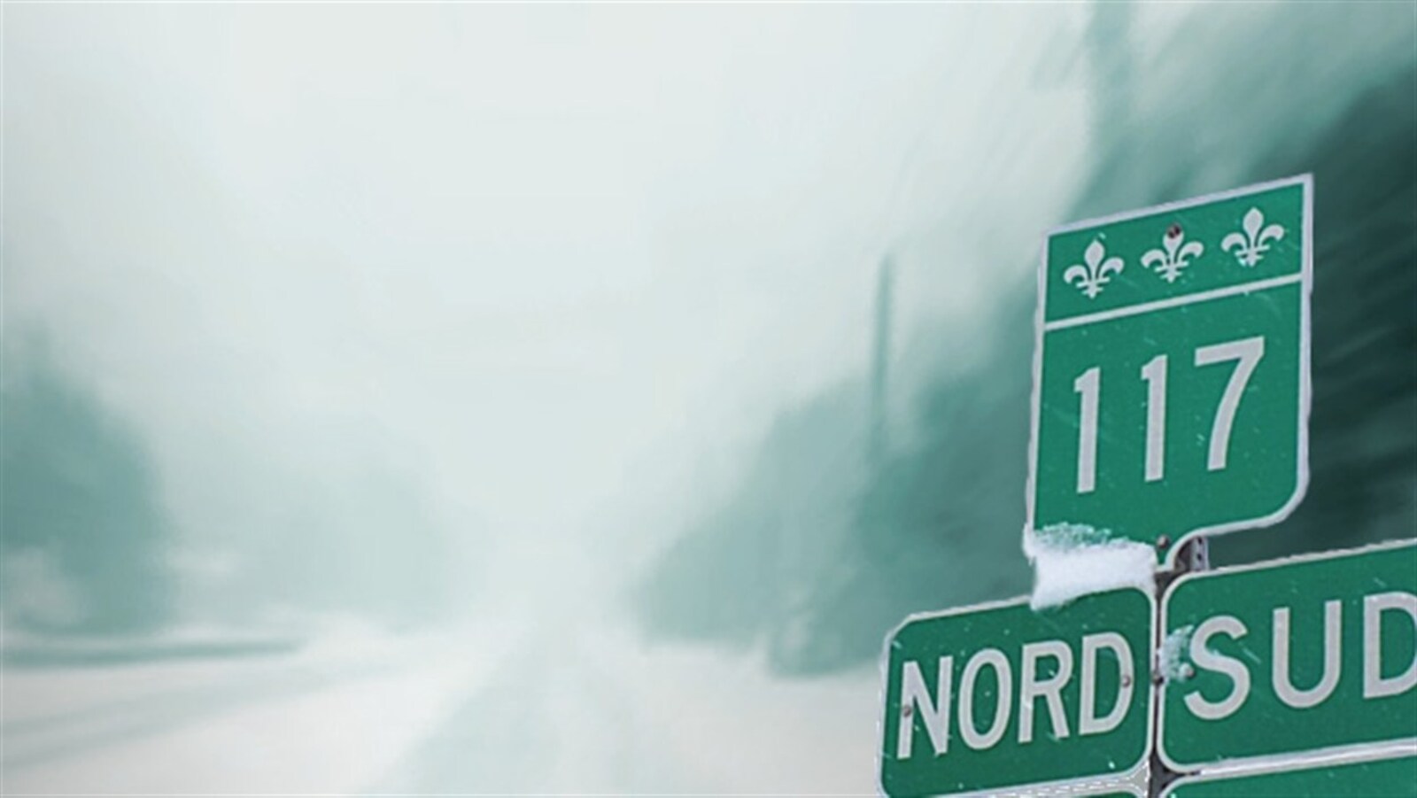 Panneau indicateur de la route 117 devant une route dans le brouillard