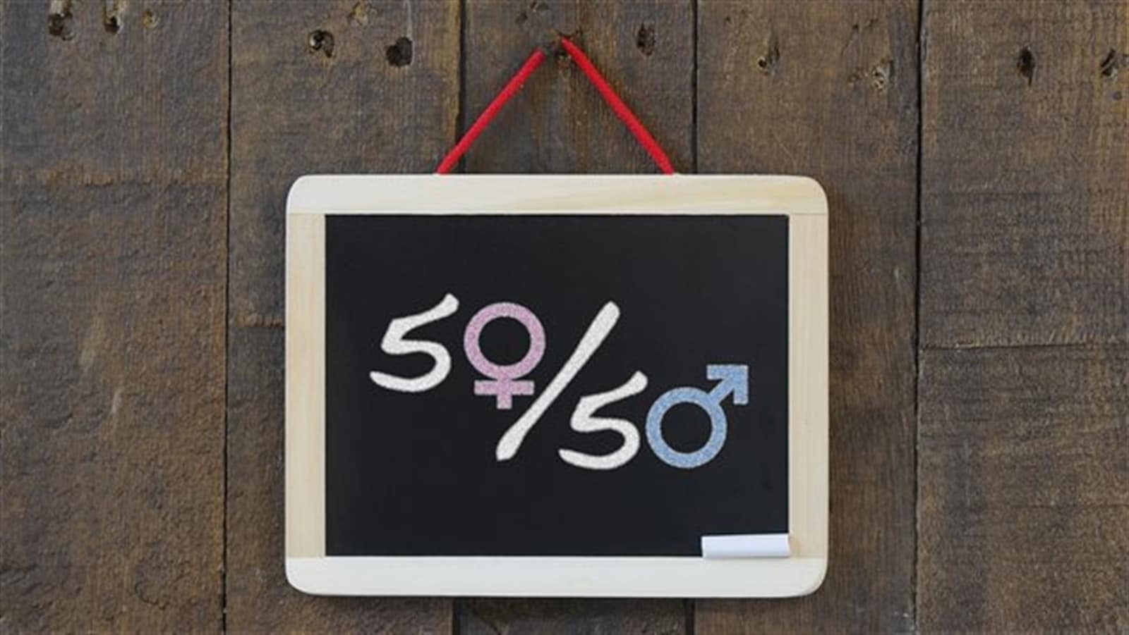 Un tableau présente la proportion de 50/50 avec le signe féminin et le signe masculin à la place des zéros