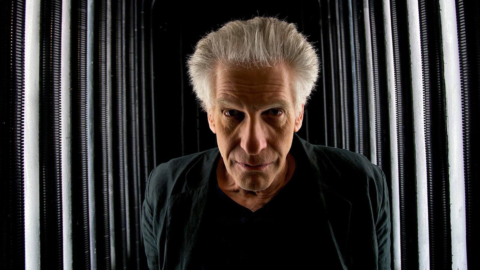 En 2008, David Cronenberg pose pour une photo après une conférence de presse portant sur une adaptation de son film The Fly à l'opéra de Los Angeles.