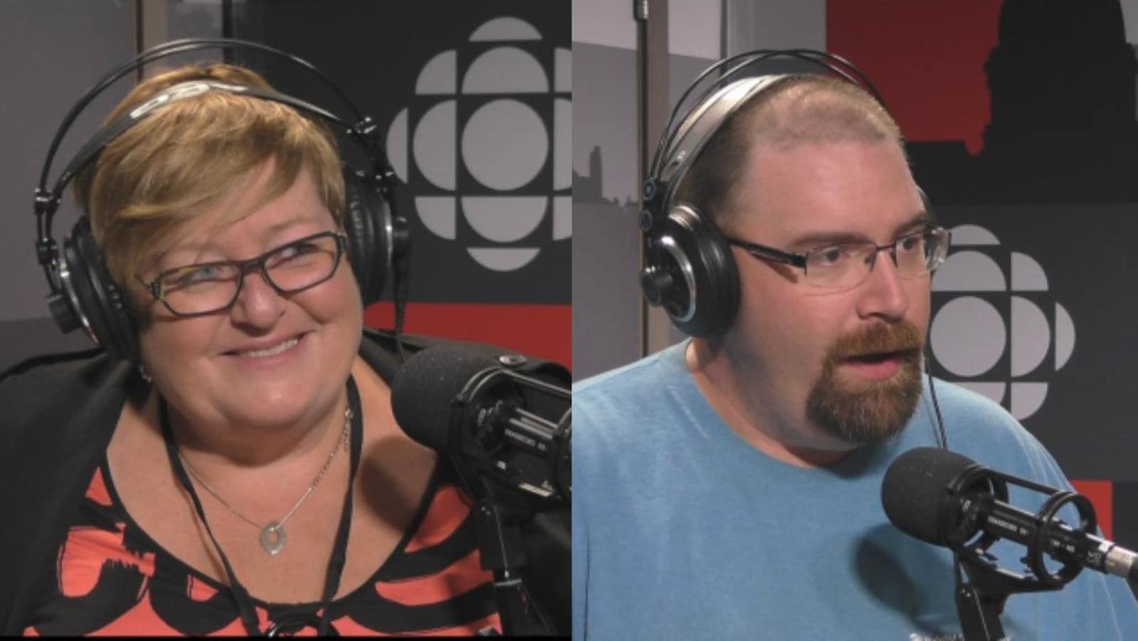 Marie-France Kenny et Denis Simard dans le studio de radio de l'émission Point du jour.