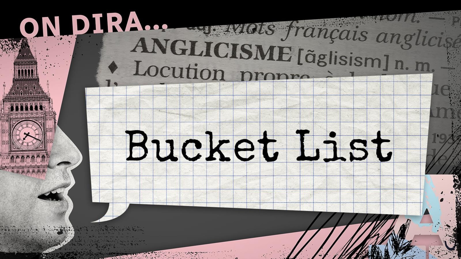 Montage avec le mot « Bucket List » sur fond de feuille quadrillée et de page de dictionnaire.