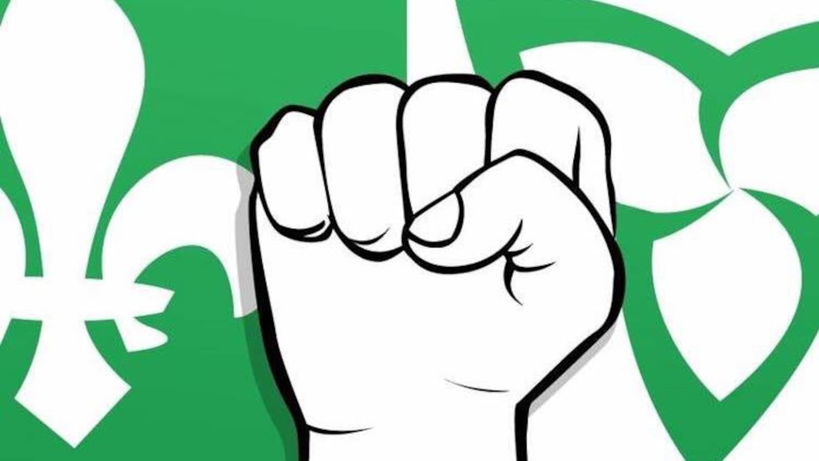 Dessin du drapeau franco-ontarien avec au centre un poing levé comme un signe de résistance.