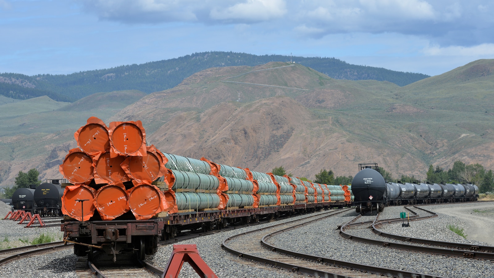 Les tuyaux sont sur des wagons de train, devant un paysage montagneux.