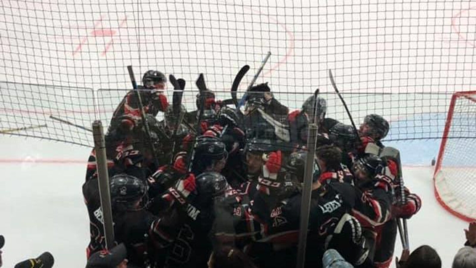 Des joueurs de hockey célèbrent un but sur la patinoire.