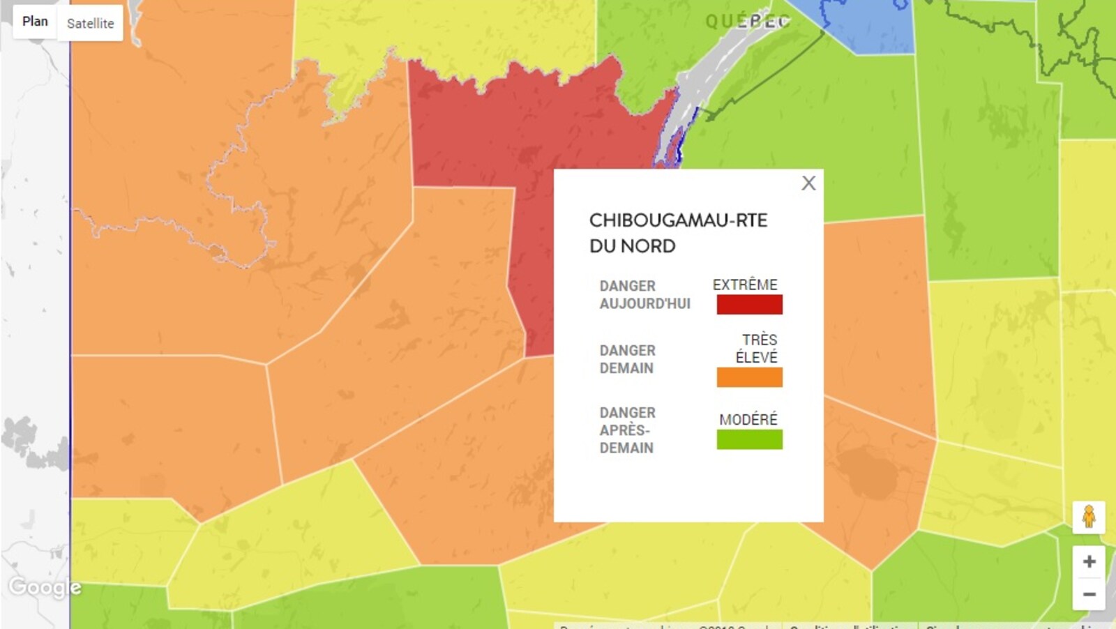 Une carte du Québec de la SOPFEU selon l'indice de risque d'incendie par région.
