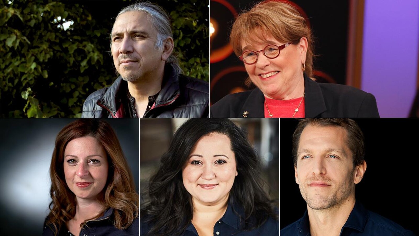 Montage photo des portraits des 5 combattants du Combat national des livres 2019 : Stanley Vollant, Edith Butler, Marie-Maude Denis, Manal Drissi et Deni Ellis Béchard