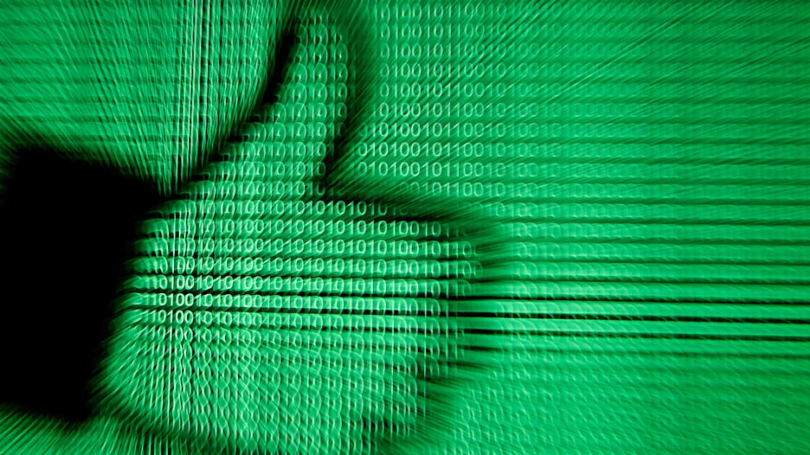 L'icône du pouce en l'air de Facebook en noir superposé à des rangées de 0 et de 1 verts.