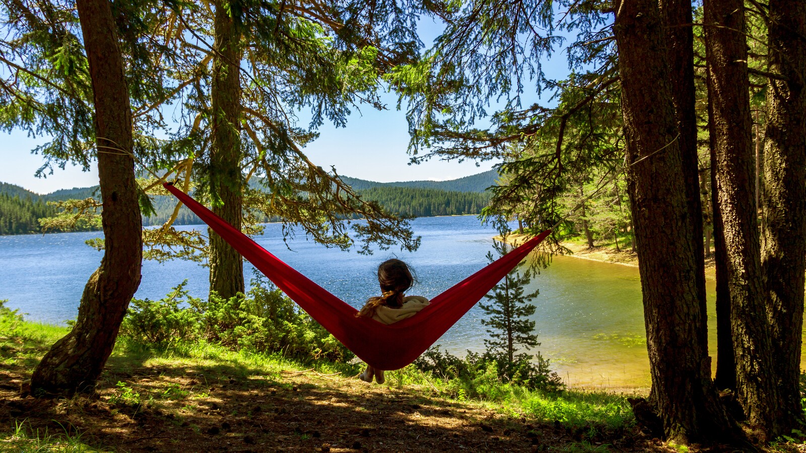 Une jeune femme observe la nature assise dans un hamac.