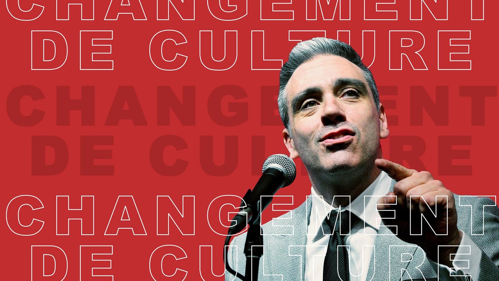 Joël Bouchard sur fond rouge avec libellé Changement de culture