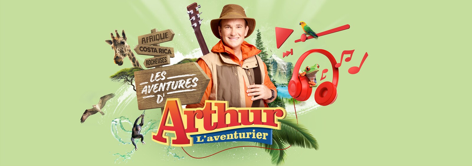 Arthur L'aventurier, entouré d'animaux, d'arbres et de montagnes, pour la promotion du concours ù vous pourriez gagner un spectacle acoustique privé avec lui.